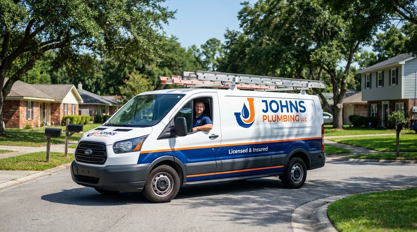 Johns Plumbing LLC service van in Three Rivers, MA