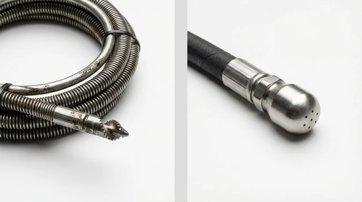 Drain snake cable and hydro jetting nozzle used for drain cleaning in Three Rivers, MA