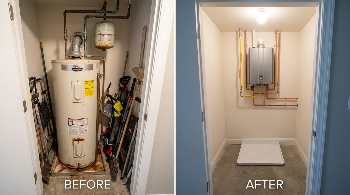 Tank water heater versus wall-mounted tankless unit comparison for Three Rivers, MA homeowners