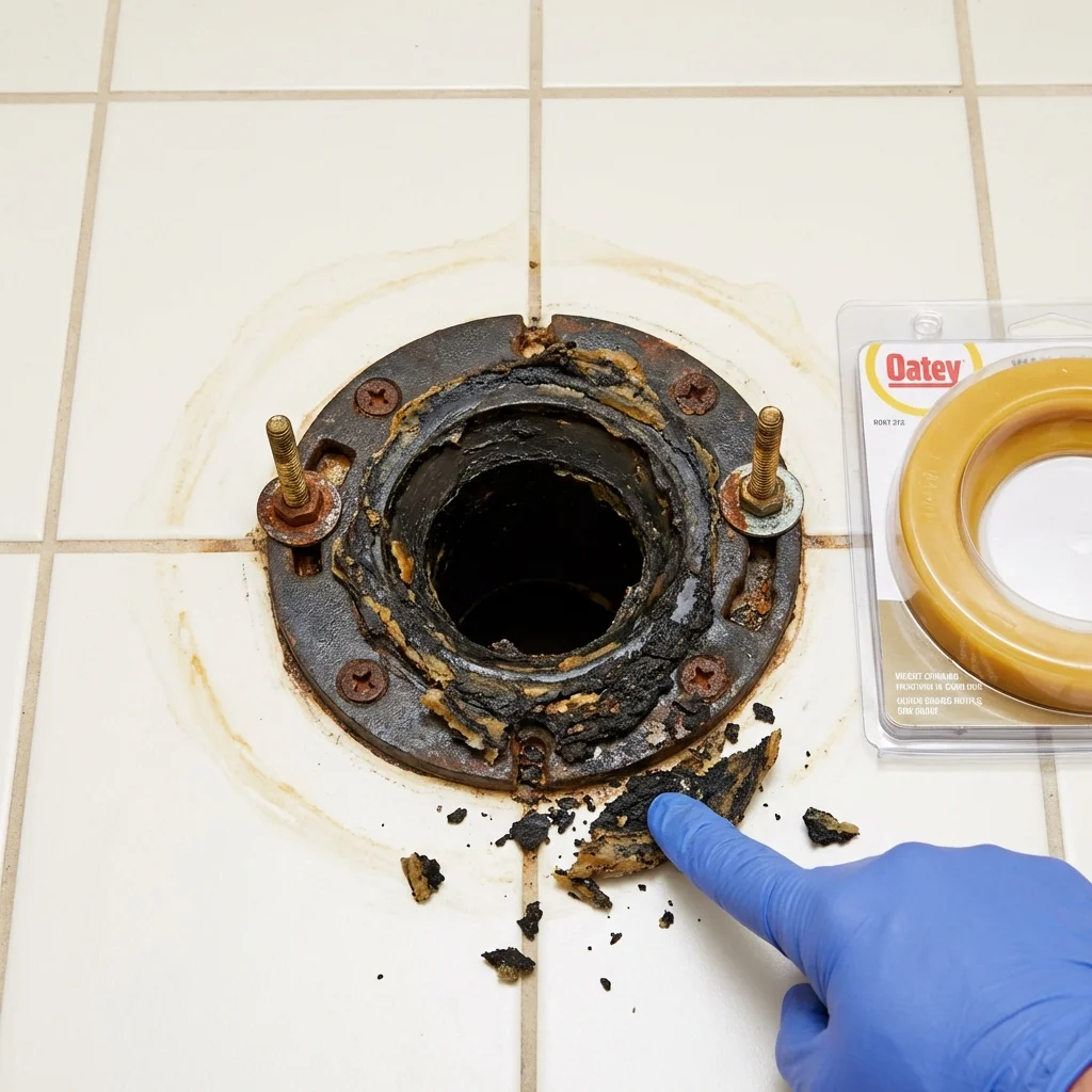 Failed wax ring showing water seepage at the base of a toilet in a Three Rivers, MA home