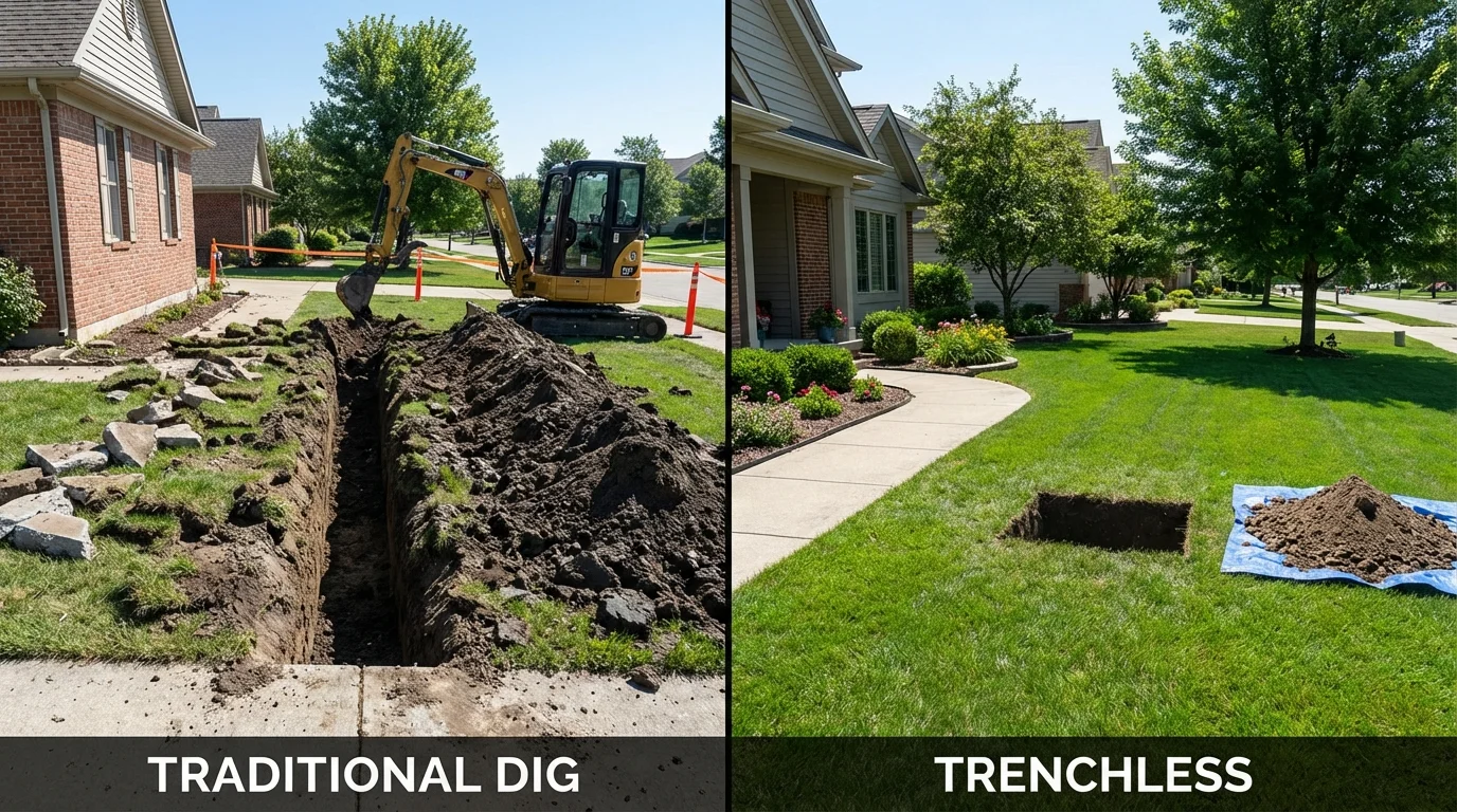 Trenchless sewer repair with minimal yard damage versus traditional excavation in Three Rivers, MA