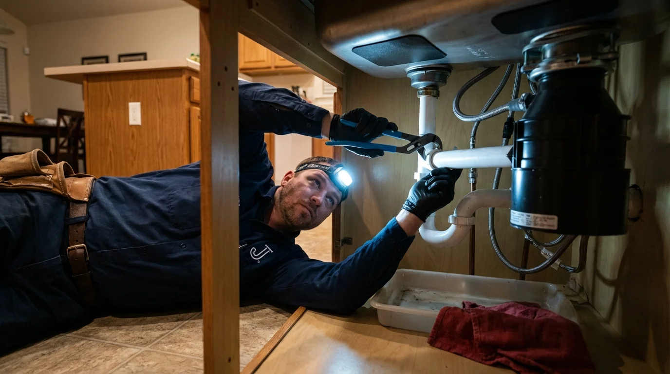 P-trap and supply line connections under a kitchen sink showing a common leak point in Three Rivers, MA